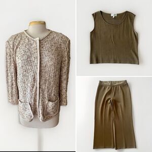 ST JOHN 3 Piece Santana Knit Suit, 3/4 Sleeve Jacket, Tank, Pants, Size 16
